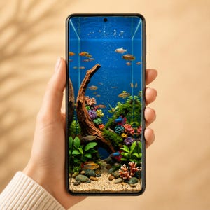 May include: A smartphone displaying a vibrant aquarium scene on its screen. The digital image features a deep blue water background, a large piece of driftwood, colorful coral formations, green aquatic plants, and several small fish swimming.