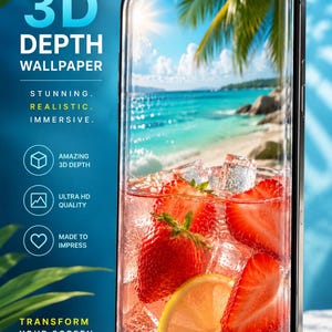 May include: A smartphone displaying a 3D depth wallpaper featuring a tropical beach scene with a glass of strawberry lemonade containing ice cubes and fruit slices. Text on the screen includes 3D DEPTH WALLPAPER, STUNNING, REALISTIC, IMMERSIVE, and TRANSFORM YOUR SCREEN.