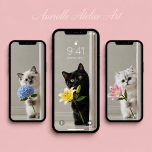 Pode incluir: Três smartphones exibindo papéis de parede digitais de gatinhos segurando flores. À esquerda, um gatinho branco com uma hortênsia azul; ao centro, um gatinho preto com um lírio amarelo; à direita, um gatinho branco com um lírio rosa. Texto: Aurielle Atelier Art.