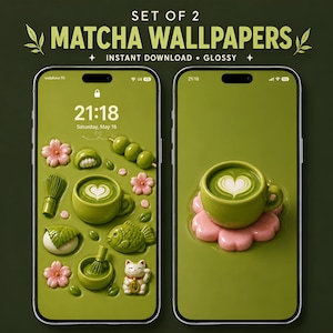 Pode incluir: Um conjunto de dois papéis de parede digitais para smartphone com tema de matcha em fundo verde. Os ecrãs exibem ícones incluindo um latte de matcha com arte de coração, um batedor de bambu, flores de cerejeira, dango e um gato.