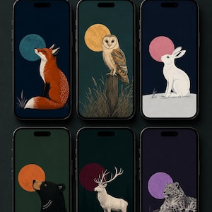 May include: Set of six phone wallpapers featuring the "Moonlit Wildlife Collection." Each wallpaper showcases a different animal: a fox, owl, rabbit, bear, deer, and snow leopard, each set against a moonlit backdrop. The collection includes a variety of colors.