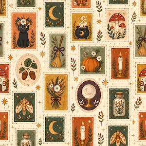 May include: A repeating pattern of rectangular and oval postage stamp-style illustrations featuring a black cat with flowers, a crescent moon, a steaming cauldron, mushrooms, a broom, a pumpkin, a candle, a bouquet, a moth, and a crystal ball.