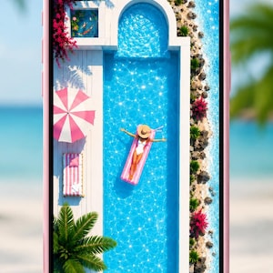 Könnte beinhalten: Ein rosa Smartphone mit einem digitalen Hintergrundbild, das eine Draufsicht auf einen Swimmingpool zeigt, mit einer Person auf einer rosa Luftmatratze, einem rosa-weiß gestreiften Sonnenschirm, einer Liege, Palmen und dem Text MP4 Live & Still Wallpaper Set.