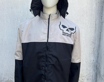 Harley Davidson Schedel Windjack met Capuchon Vintage Biker Motorjas Unisex Zwart Beige Rijder Buitenjas