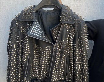 Leder-Bikerjacke mit Nieten und Spikes, Punk-Rock-Motorradjacke, Gothic-Streetwear