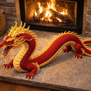 Puede incluir: Una figura de dragón de ganchillo rojo y amarillo, hecha a mano con detalles intrincados. El dragón tiene un cuerpo largo y serpentino, garras afiladas y una expresión feroz. Está posado sobre una superficie de piedra frente a una chimenea.