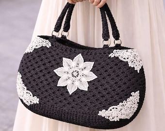 Molde para Bolsa de Crochê: Pérola Negra com Aplicação de Renda (Produto Digital)13