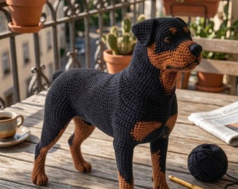 Cachorro Rottweiler de crochê feito à mão - Animal de estimação amigurumi realista - Padrão digital