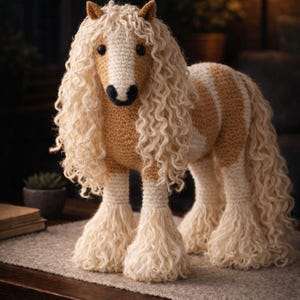 May include: A handmade crochet horse figure with a cream-coloured mane and tail, and a tan and cream body. The horse has a detailed design, with a dark brown muzzle and black eyes. The figurine is displayed on a wooden table.