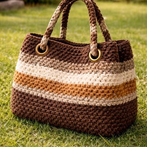 Puede incluir: Bolso tote tejido a ganchillo con rayas horizontales marrones, beige y crema. El bolso tiene dos asas trenzadas y aros metálicos dorados. El bolso está sobre hierba verde.