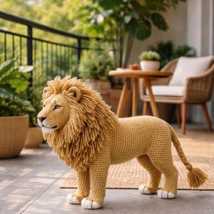 May include: A crocheted lion sculpture in shades of tan and cream. The lion has a detailed mane, tail, and paws, and is posed on a patio. The background includes greenery, a table, and a chair.
