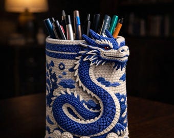 Porta-lápis de dragão de crochê feito à mão - Molde digital DIY, decoração azul e branca para casa