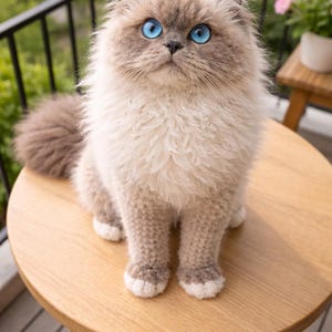 May include: A fluffy, light-colored cat with striking blue eyes sits on a small wooden table. The cat has a mix of light brown and white fur, with a fluffy tail. The background shows a balcony with a railing and greenery.