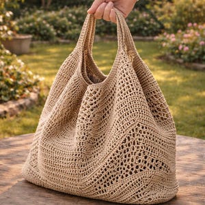 Op de afbeelding: Een grote, beige gehaakte draagtas met stevige handvatten. De tas heeft een open geweven ontwerp en wordt door een hand omhoog gehouden. De tas staat op een houten tafel in een tuin. De tas is ongeveer 46 cm breed en 38 cm hoog.
