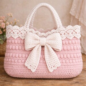 Pu&ograve; includere: Borsa tote rosa all'uncinetto fatta a mano con un grande fiocco color crema sul davanti. La borsa presenta un bordo in pizzo crema smerlato lungo il bordo superiore e un manico abbinato. La maglia all'uncinetto strutturata aggiunge interesse visivo al design.