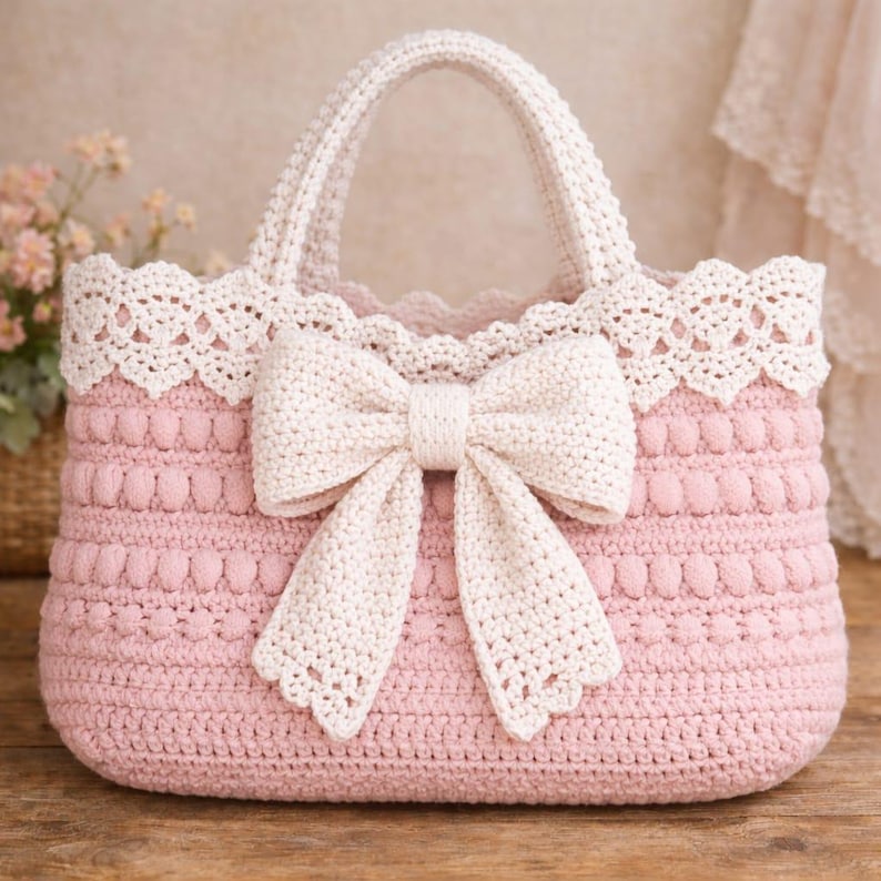 Pu&ograve; includere: Borsa tote rosa all'uncinetto fatta a mano con un grande fiocco color crema sul davanti. La borsa presenta un bordo in pizzo crema smerlato lungo il bordo superiore e un manico abbinato. La maglia all'uncinetto strutturata aggiunge interesse visivo al design.