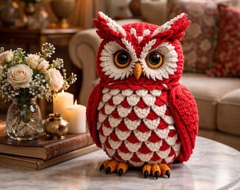 Padrão de Coruja de Crochê – Download Digital Instantâneo, Artesanato Feito à Mão, Amigurumi Vermelho e Branco, Decoração de Coruja para Casa