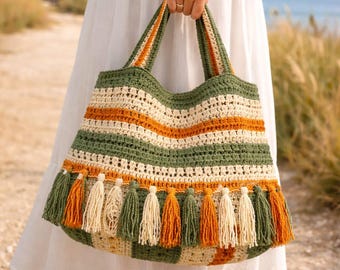 Padrão de Bolsa Tote Boho de Crochê: Bolsa de Verão com Franjas (PDF2)