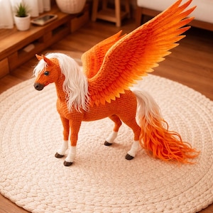 May include: A handcrafted orange crochet Pegasus with large, vibrant wings. The mythical creature has a white mane and tail, and stands on a cream-colored round rug. The Pegasus has brown hooves and is a decorative item.