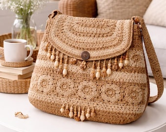Molde para Bolsa de Crochê Boho Chic – Design com Borla de Miçangas (Download Digital)