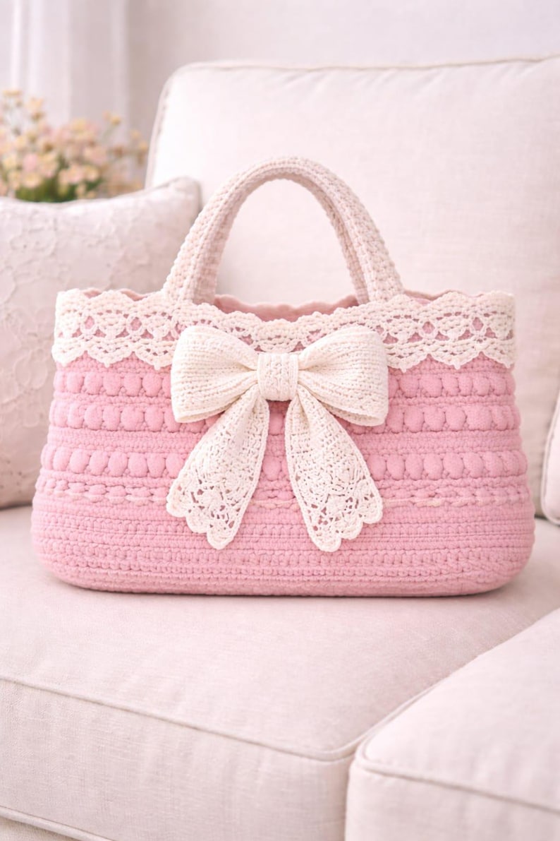 Pu&ograve; includere: Borsa a mano rosa all'uncinetto con finiture in pizzo color crema e un grande fiocco. La borsa ha una forma strutturata con un manico ed &egrave; appoggiata su una superficie chiara. La borsa &egrave; larga circa 30 cm.