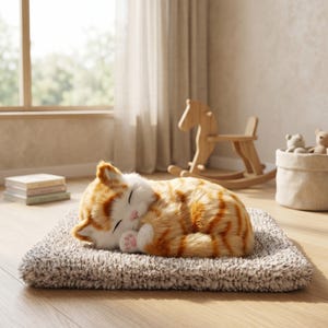 May include: A plush orange and white tabby cat toy curled in a sleeping position on a textured beige mat. The toy features soft fur, closed eyes, and small pink paw pads. It is resting on a rectangular, shaggy, light-coloured fabric cushion.