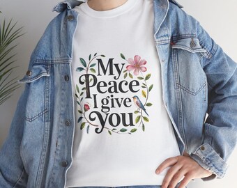 Koszulka „Daję Ci Mój Pokój” | Kwiatowa typografia Pisma Świętego