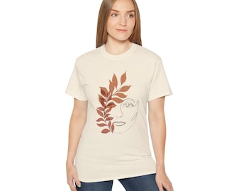 Koszulka z abstrakcyjną linią twarzy i brązowymi liśćmi | Minimalistyczna koszulka z motywem botanicznym