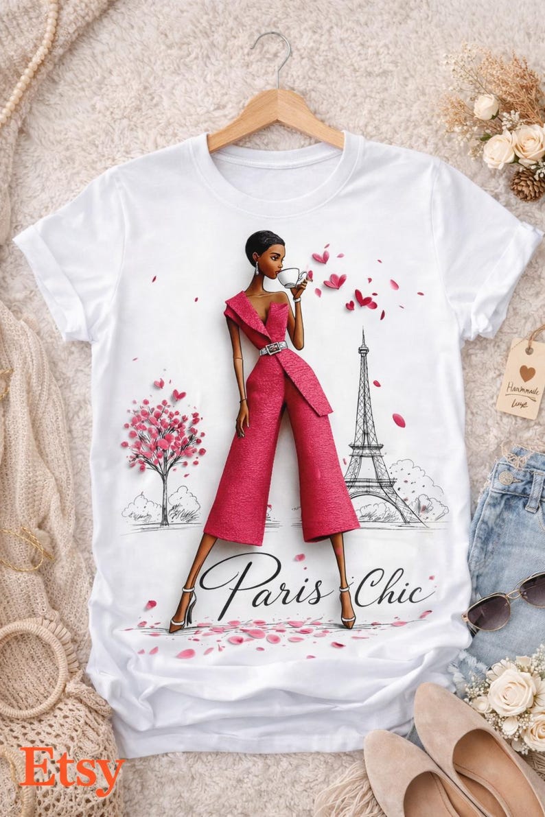 Koszulka z ilustracją modową Paris Chic | Wieża Eiffla, różowa haute couture zdjęcie 1