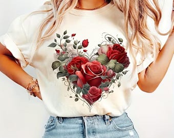 Koszulka z motywem kwiatowym Red Rose Heart | Botaniczna koszulka walentynkowa