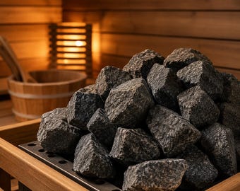 Puede incluir: Un montón de piedras de sauna de color gris oscuro sobre una rejilla metálica dentro de una sauna de madera. Las piedras son ásperas y angulares. Un cubo y un cucharón de madera son visibles en el fondo.