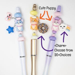 Set of 3 Puppy Beaded Pen with Charm, Acrylic Dog Bead, Gift for Pet Lovers, Teacher Gift, Office Supplies, Fish Extender, Pixie Dust Pen