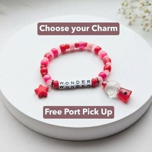 Red Pink Charm Bracelet, Customizable ready to wear Friendship Bracelet, Flexible round beaded band, Pixie Dust, Fish Extender, Party Favors