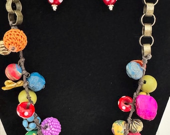 Vintage Kantha Chunky Bead Statement-ketting - veelkleurig met bijpassende glazen oorbellen