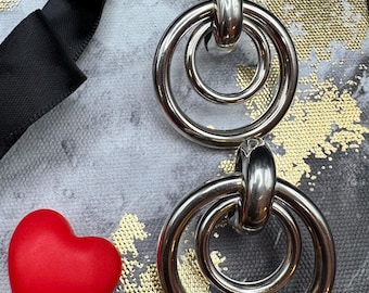 Double Hoop Door Knocker Silver Tone Earrings