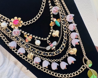 Vintage/zeldzame Betsey Johnson Bees and Garden meerlaagse statementketting