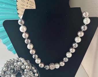Elegant Silver Tone Faux Pearl Statement Set of Necklace Earrings and Bracelet