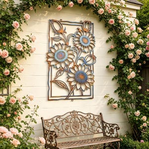 May include: A decorative metal wall art piece featuring sunflowers in a rectangular frame. The sunflowers have blue and orange accents. A wrought iron bench sits below the art, and pink roses climb the wall and frame the scene.