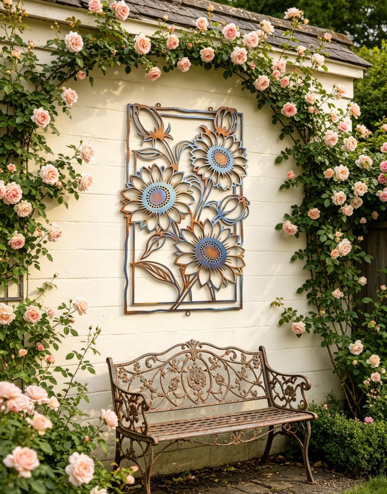 May include: A decorative metal wall art piece featuring sunflowers in a rectangular frame. The sunflowers have blue and orange accents. A wrought iron bench sits below the art, and pink roses climb the wall and frame the scene.