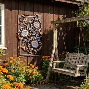 May include: A metal sunflower wall art piece with orange, blue, and white accents hangs on a brown wooden wall. The artwork features a rectangular frame with detailed sunflower designs. A wooden swing and orange flowers are in the background.