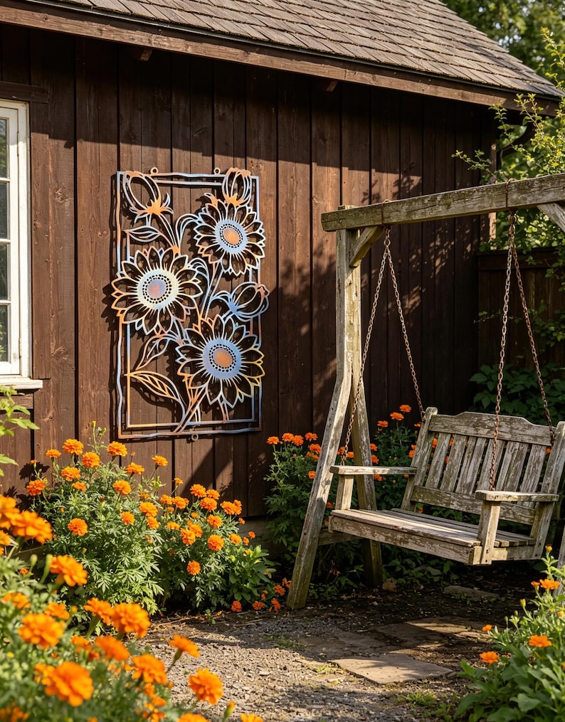 May include: A metal sunflower wall art piece with orange, blue, and white accents hangs on a brown wooden wall. The artwork features a rectangular frame with detailed sunflower designs. A wooden swing and orange flowers are in the background.