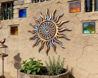 Colorful Metal Wacky Sun Wall Decor, Torched Metal Art, Outside Garden Sign, Burnt Metal Wall Hanging