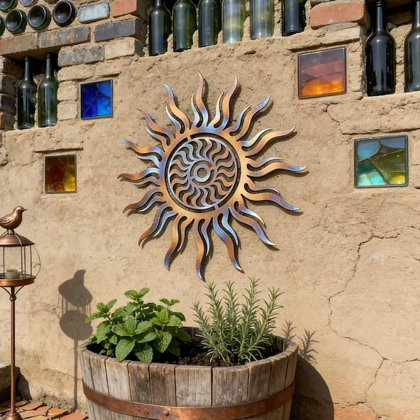 Decoración de pared de metal colorido con sol loco, arte de metal quemado, letrero para jardín exterior, colgante de pared de metal quemado