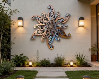 Colorful Metal Wacky Sun Wall Decor, Torched Metal Art, Outside Garden Sign, Burnt Metal Wall Hanging