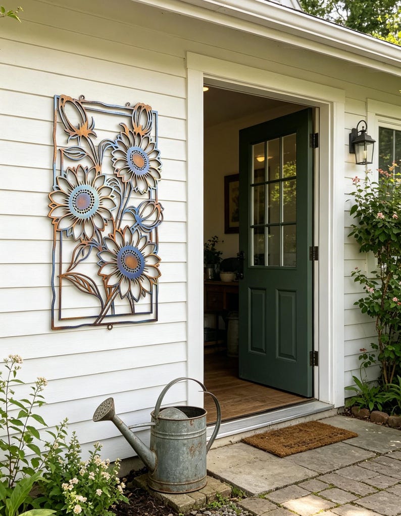May include: A metal sunflower wall art piece with a rectangular frame is mounted on a white wall. The sunflowers have blue and brown accents. A galvanized metal watering can sits on a stone patio. A green door is open.