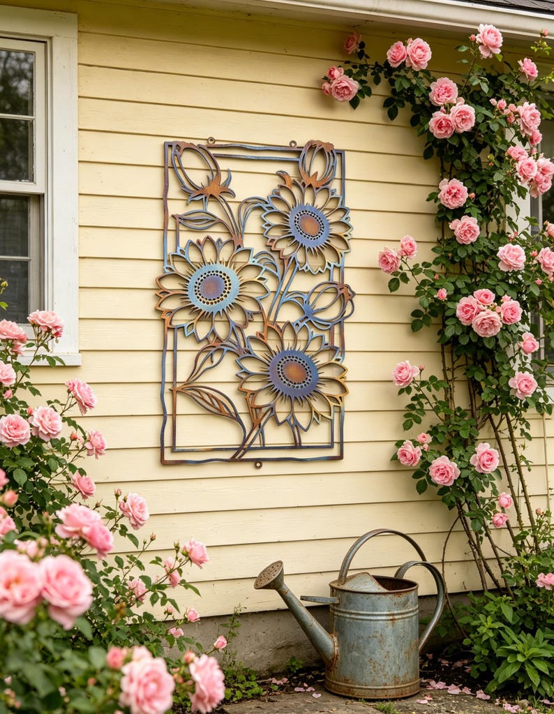 May include: A metal wall art piece featuring sunflowers with blue and brown accents. The artwork is rectangular and mounted on a yellow wall. A vintage watering can sits below the art, surrounded by pink roses.