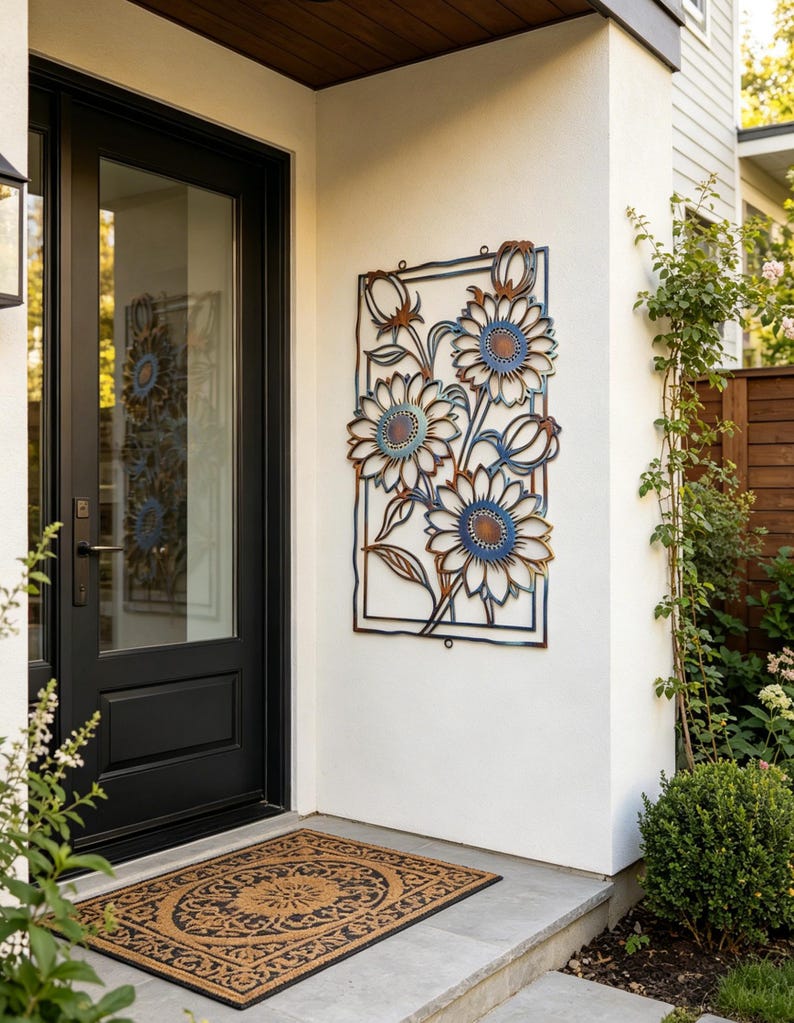 May include: A metal sunflower wall art piece with a rectangular frame. The sunflowers have blue and brown accents. The art is mounted on a white wall next to a black door and a decorative doormat.
