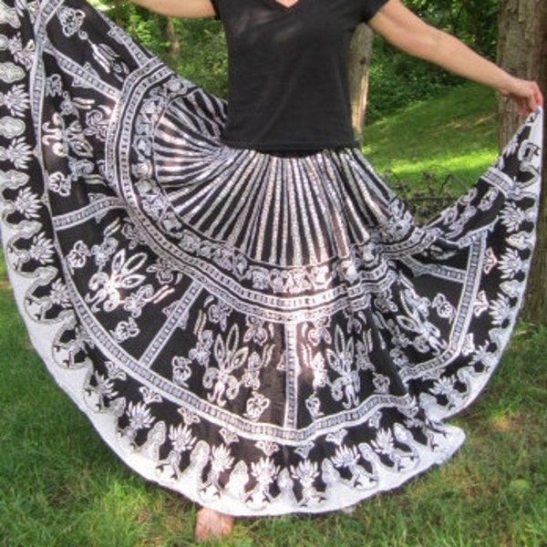 Vintage BOHO Hippie Gypsy Skirt. Black White Circle Skirt - Indie Burning Man Burner Festival Clothing. Sequin.  - M L XL OS Plus Size