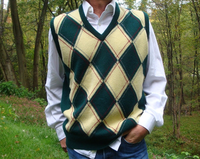 Vintage Men's Argyle Sweater Vest Green Yellow Diamond Etsy