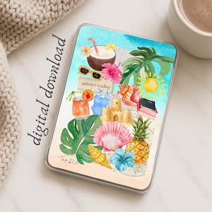 May include: A rectangular digital download print featuring a collage of summer-themed watercolor illustrations including a coconut drink, sunglasses, hibiscus flowers, a sandcastle, seashells, a pineapple, tropical leaves, and the text summer reading.